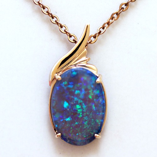 14k Yellow Gold Pendant with a SOLID CRYSTAL OPAL Floral Harlequin pattern, sparkling and bright
